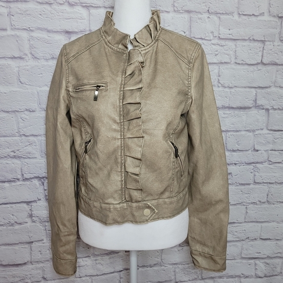 Doll House Retro  Ruffle Jacket Faux Leather  Khaki Small - Picture 1 of 9